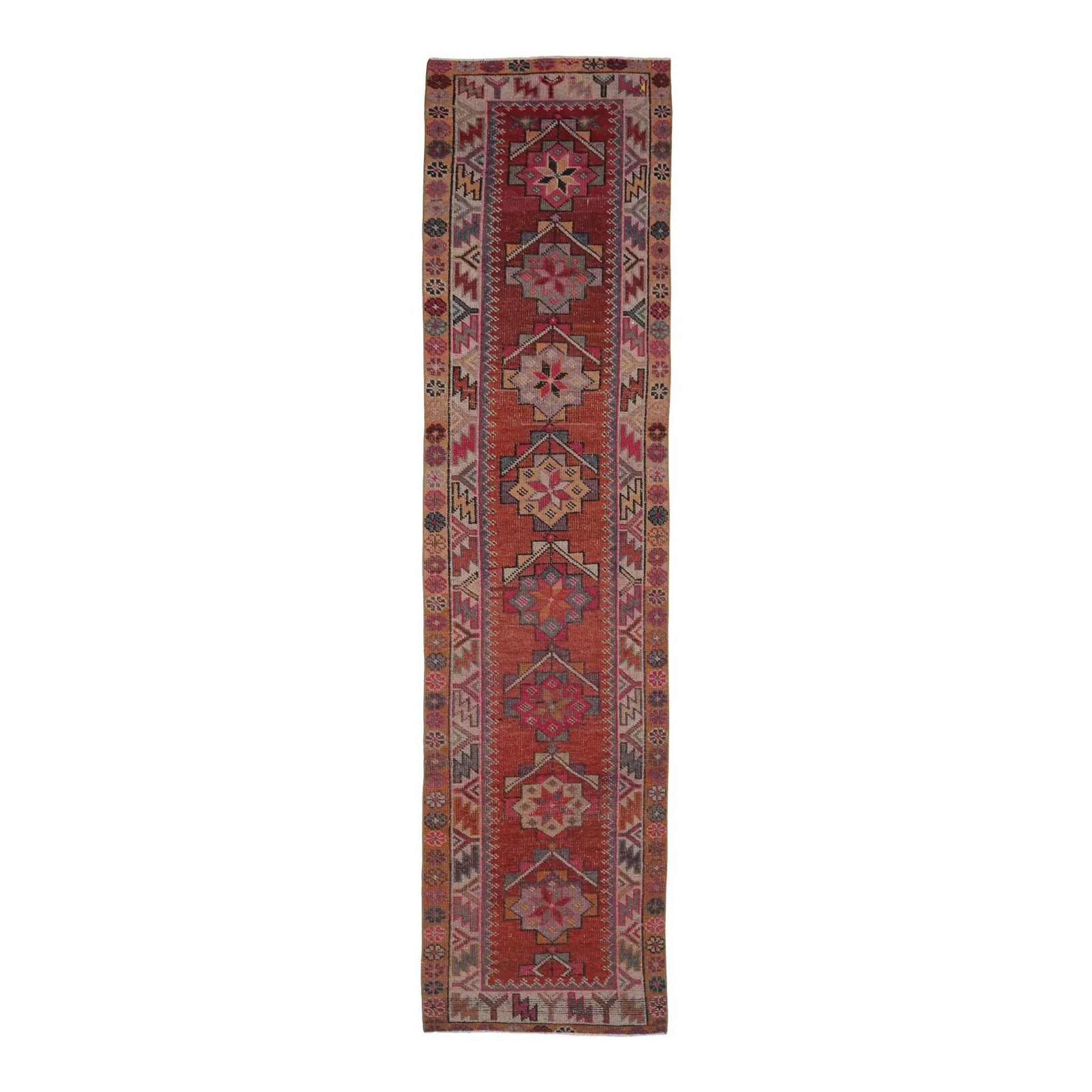 Vintage Turkish hand-knotted wool cotton red runner rug 83x362