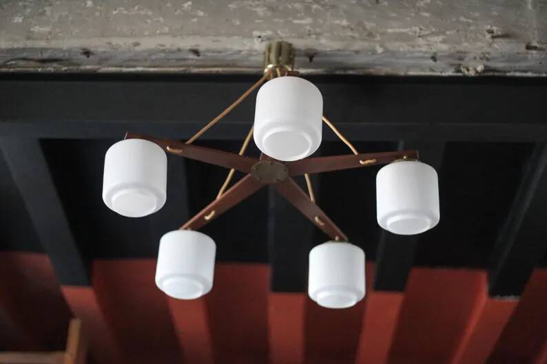 Teak and opaline pendant light, Scandinavian ceiling lamp, vintage wooden pendant with 5 lights, decor.