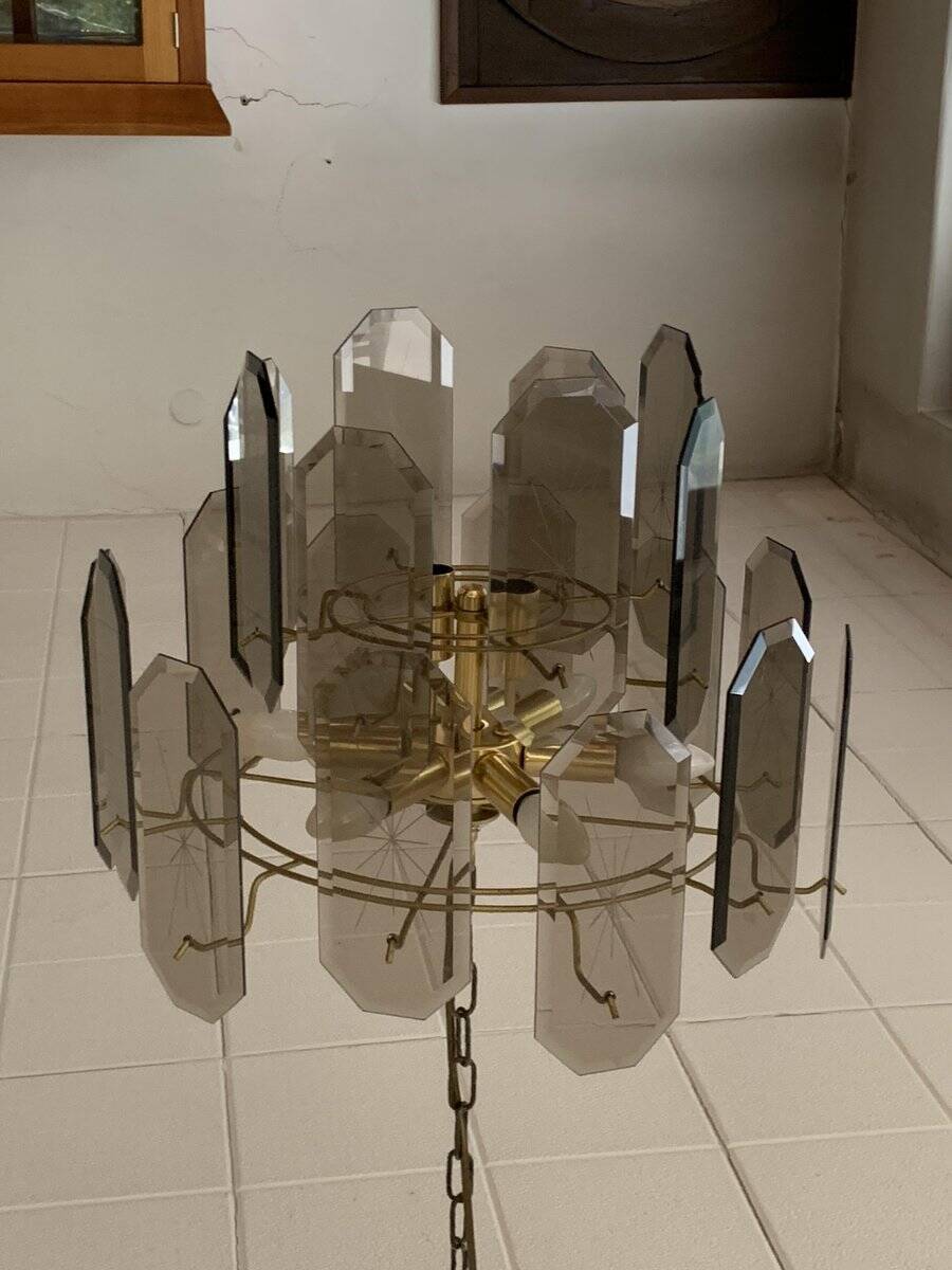 Vintage ceiling light with 6 arms in transparent glass and chrome metal, Kalmar style from the 1960s.
