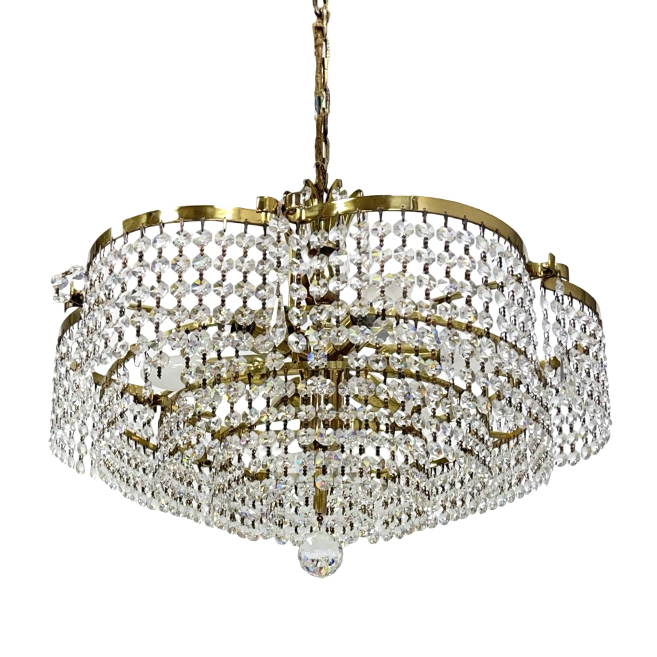 Vintage basket crystal chandelier Bakalowits & Söhne brass, Austria 1970s