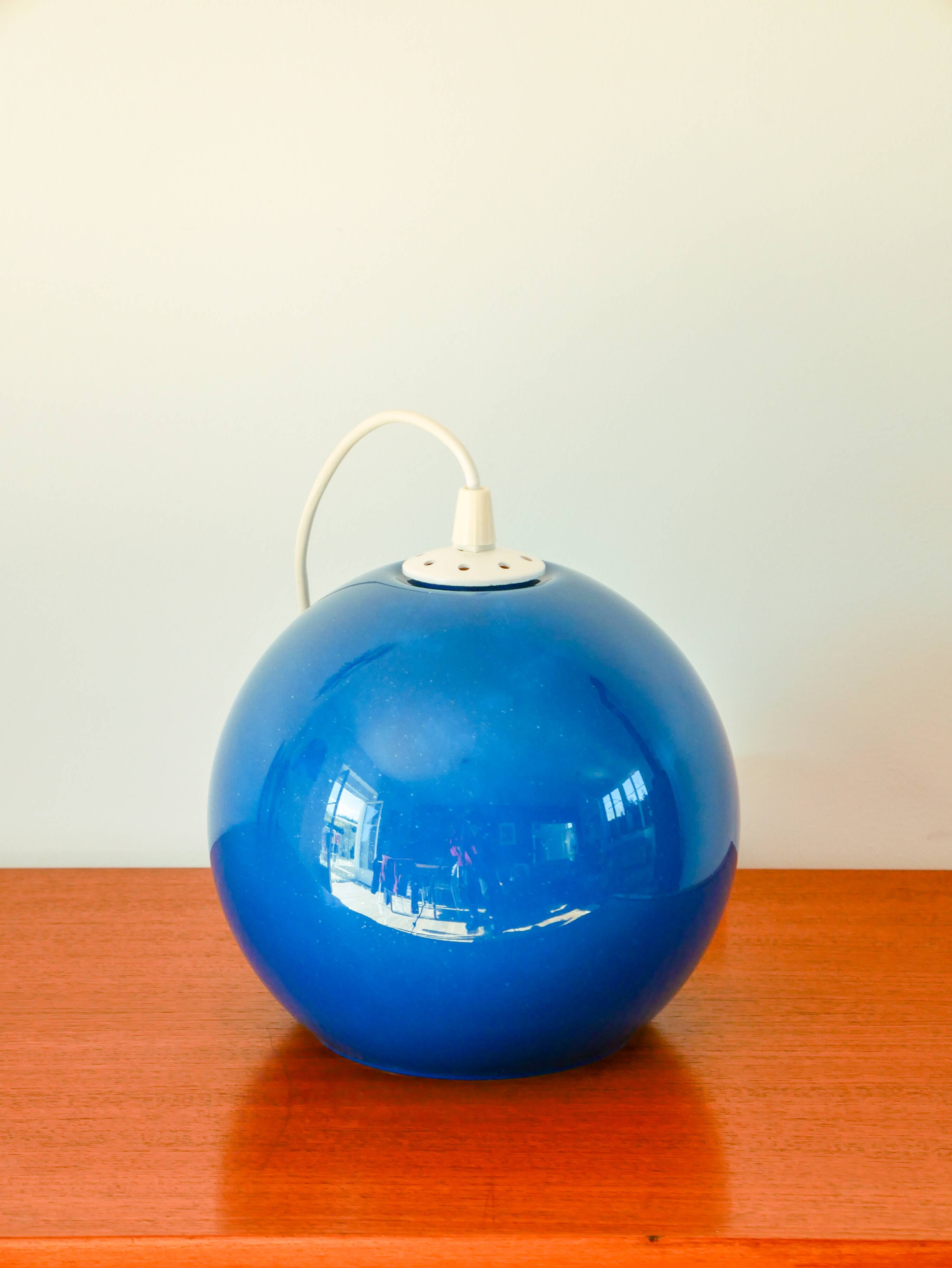Spherical pendant light in royal blue opaline design 1970