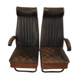 Vintage 1950s leather double-plane bus armchairs