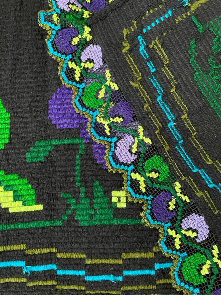 Floral handmade vintage rug, purple floral design with crochet border 145x174cm