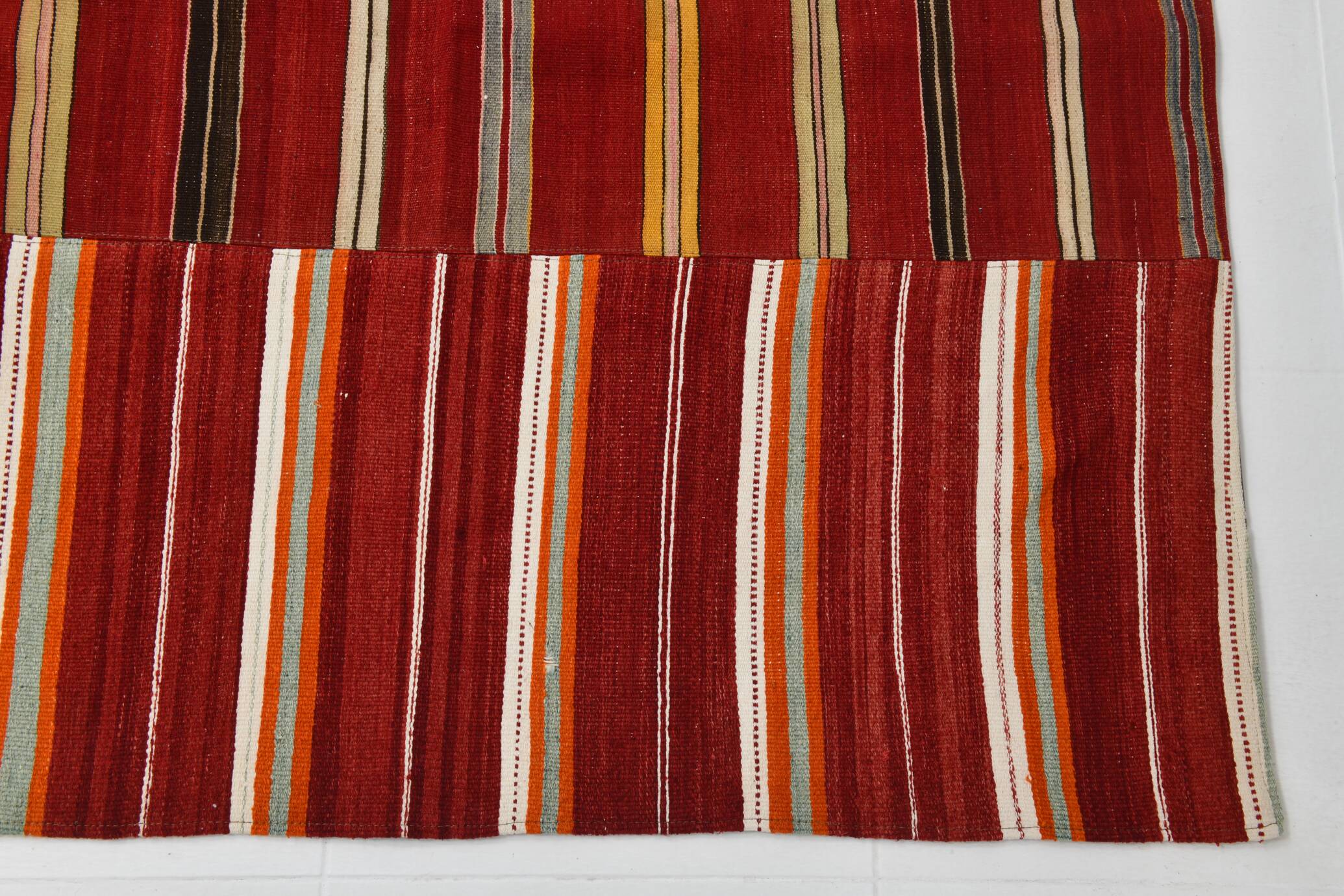 Red & Green Striped Pattern Turkish Kilim Rug, 270x383Cm