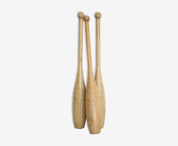 Ensemble de 3 quilles de jonglage vintage,, bois de hêtre, vintage