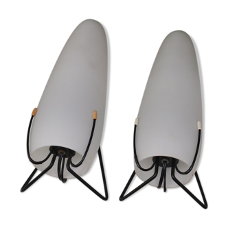 Pair of wall lamps louis kalff opaline wired metal