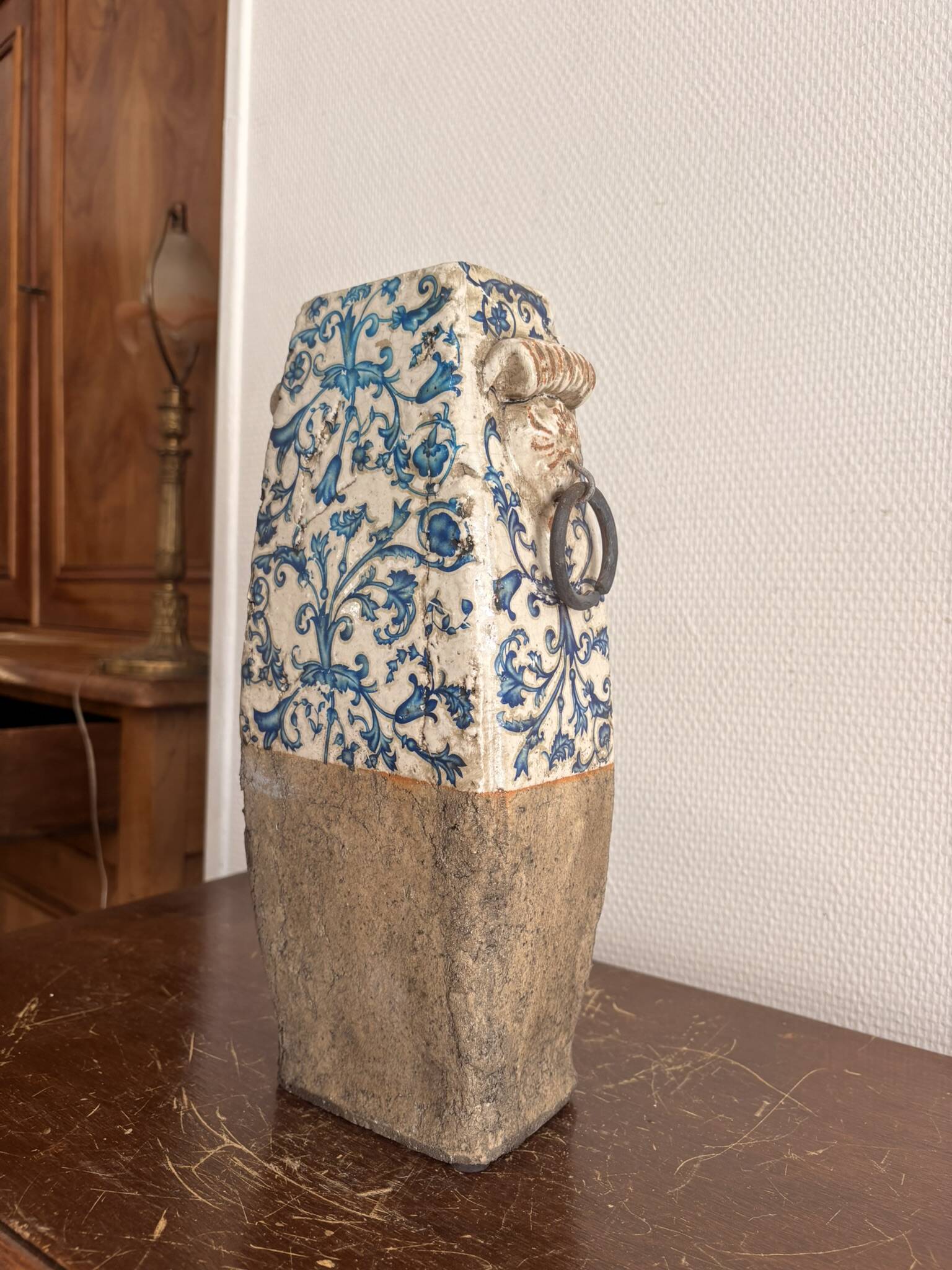 Terracotta Vase with Stanniferous Glaze, Large Fire Decoration, Lion Handle, Late 19th Century