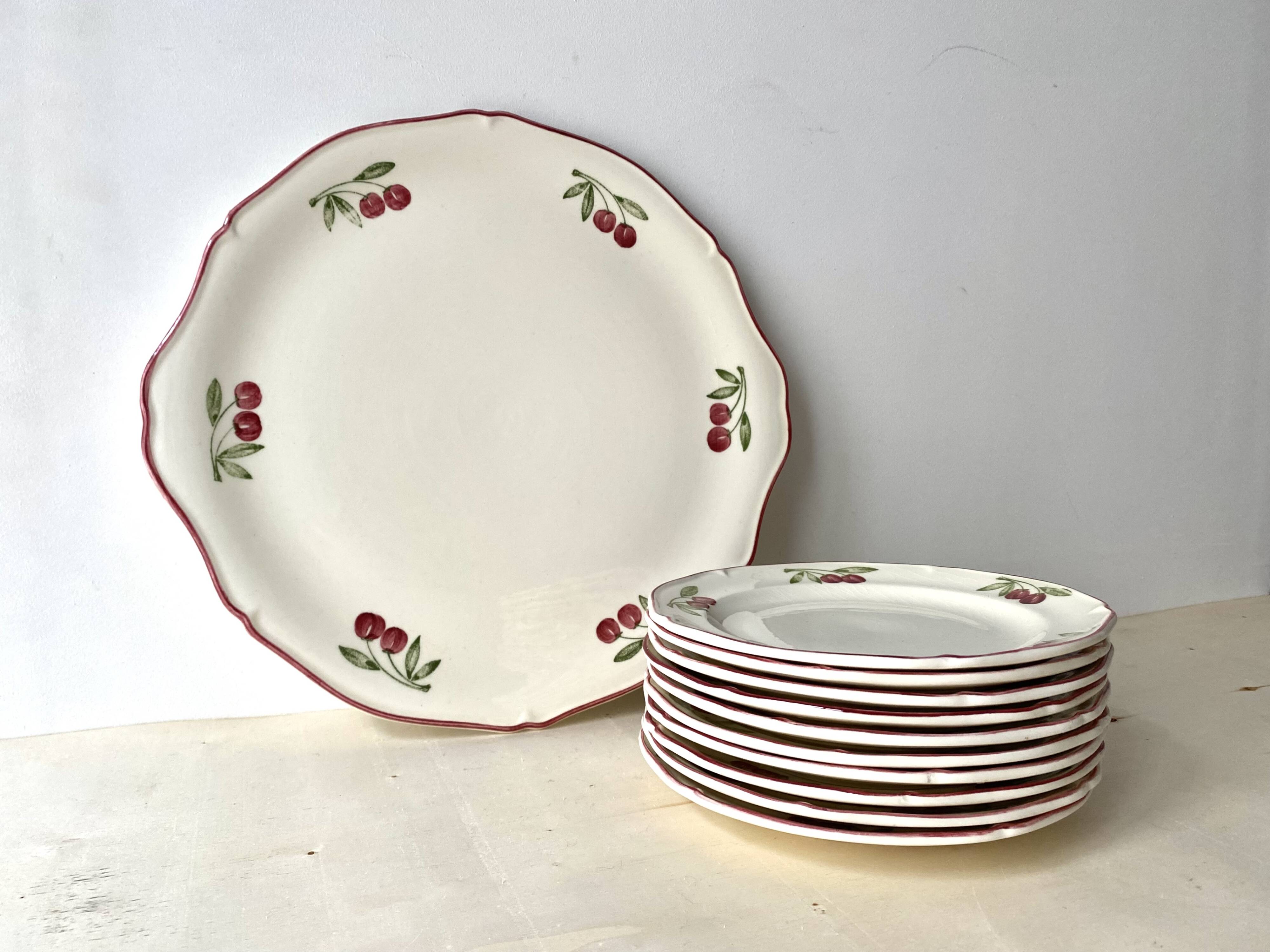 "Cherries" dessert service by Gien vintage, pie dish + 10 dessert plates, Faien ceramic