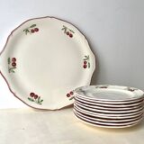 "Cherries" dessert service by Gien vintage, pie dish + 10 dessert plates, Faien ceramic