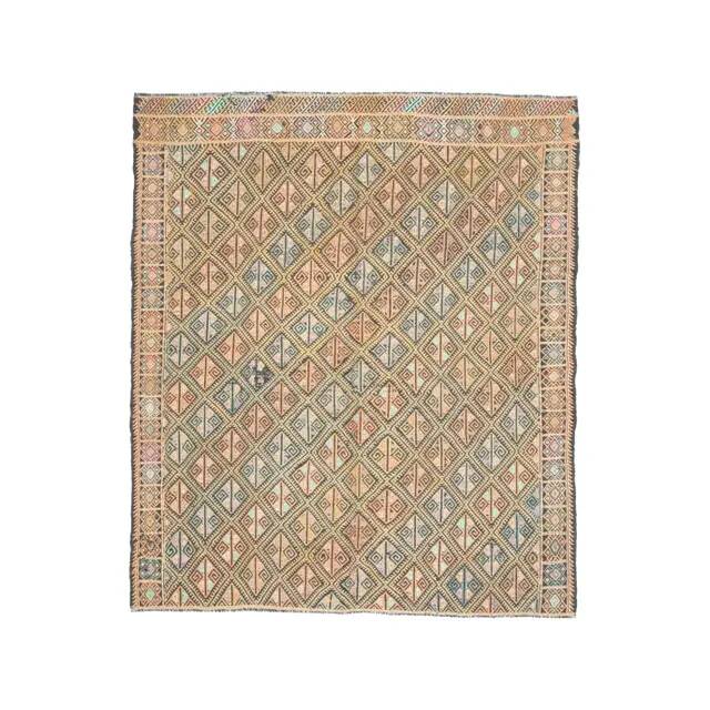 1970s vintage Turkish Oushak handmade wool cotton beige runner rug 185x212