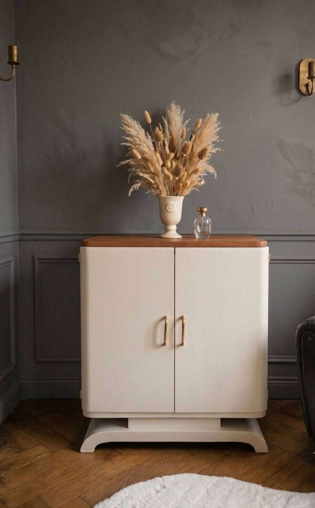 Petit Buffet Art Déco "Pieds Moustache" Restauré - Crème & Bois Nature