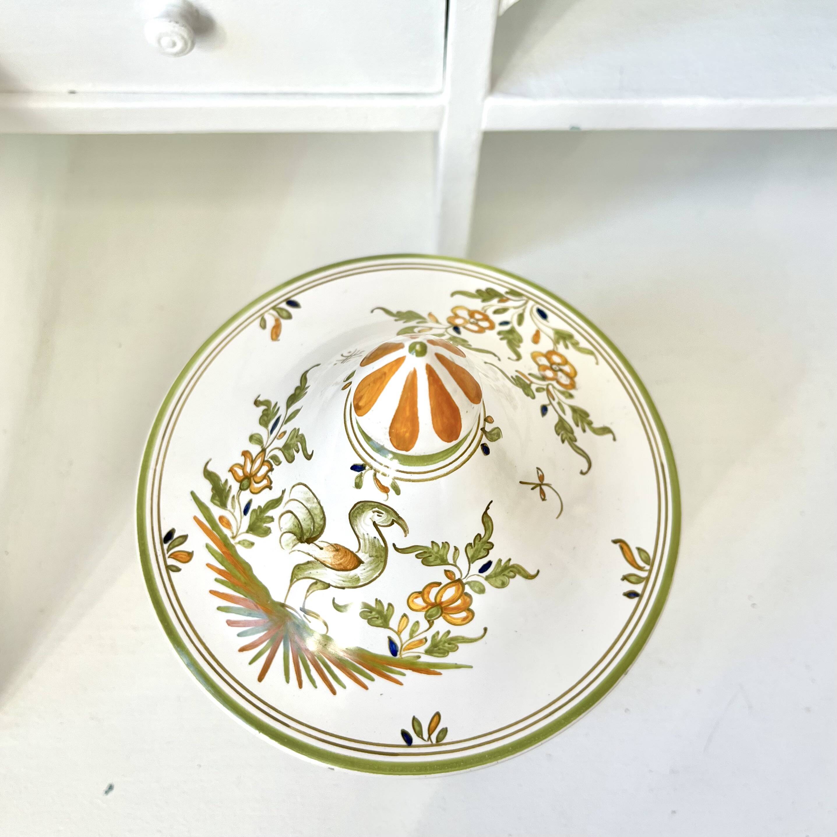 Covered candy jar signed M Malicorne, Moustiers decor