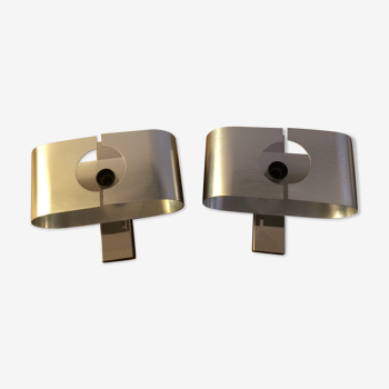 Pair of vintage "Space age" wall sconces from the 1970s in brushed stainless steel