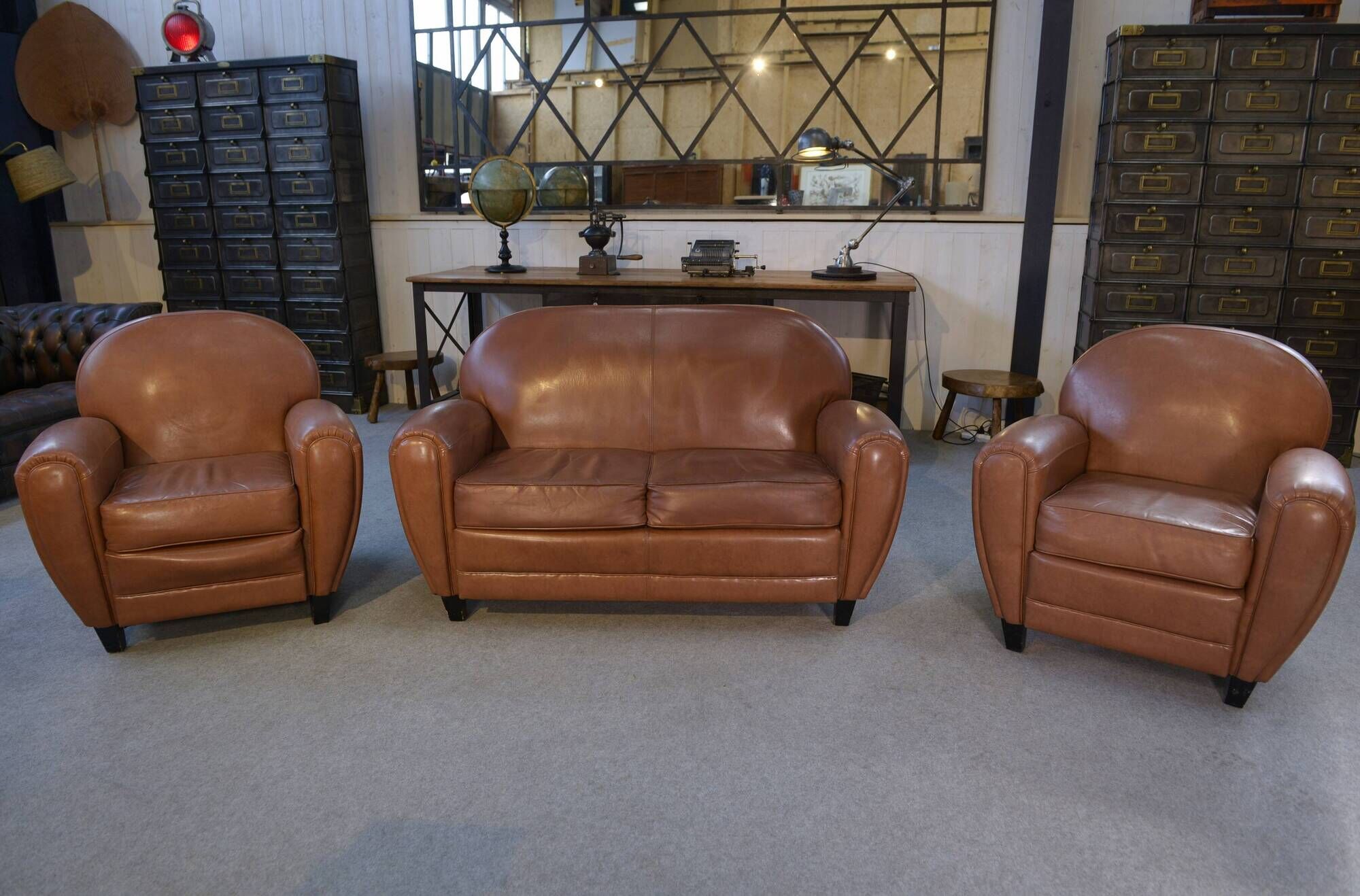 Camel 1980s 2-seater sofa and 2 club armchairs set in faux leather
