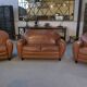 Camel 1980s 2-seater sofa and 2 club armchairs set in faux leather