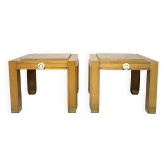 Pair of wooden and marble bedside tables, 1980