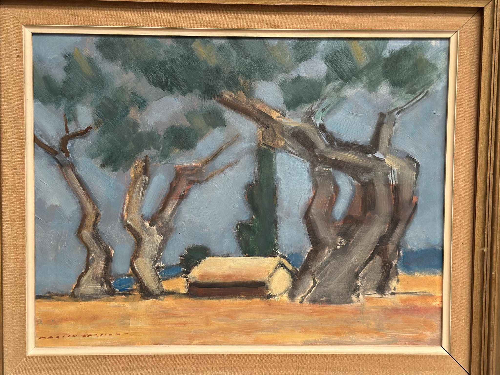Original Swedish Oil On Panel – “Hut Between Trees” By Martin Larsson – Vintage & Framed – 48 × 40 Cm (18.9" × 15.7")