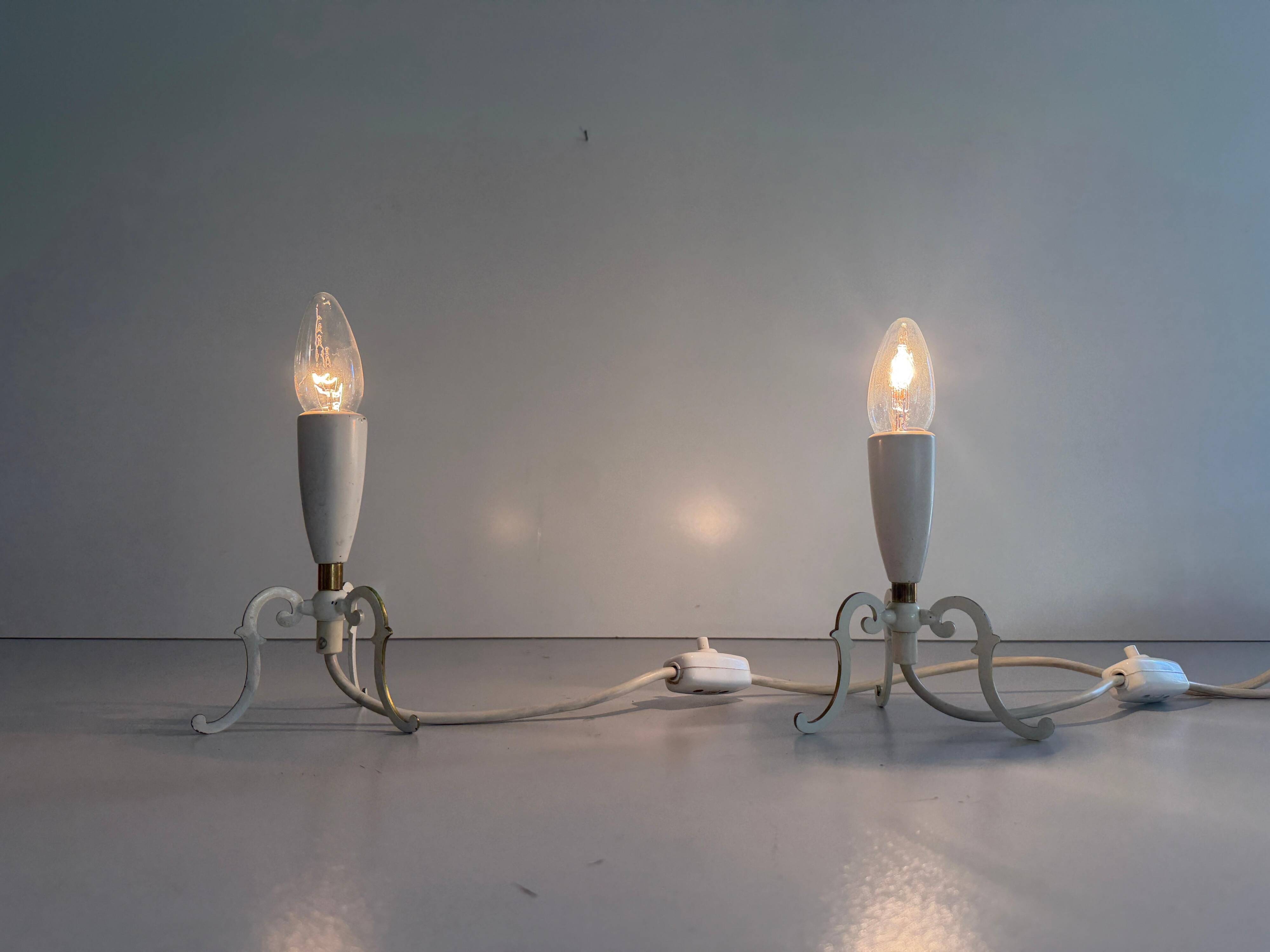 Paire de lampes de chevet du milieu du siècle en laiton et abat-jour en tissu, années 1960, Allemagne
