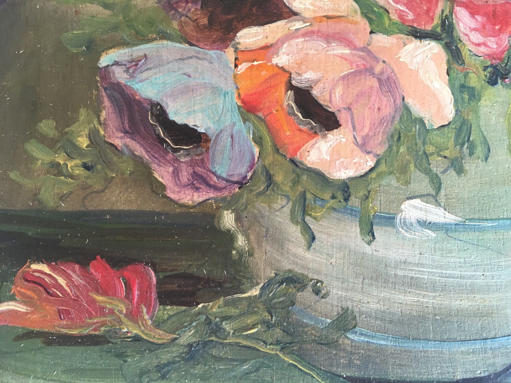 Oil on wood vase of flowers anemones 60s