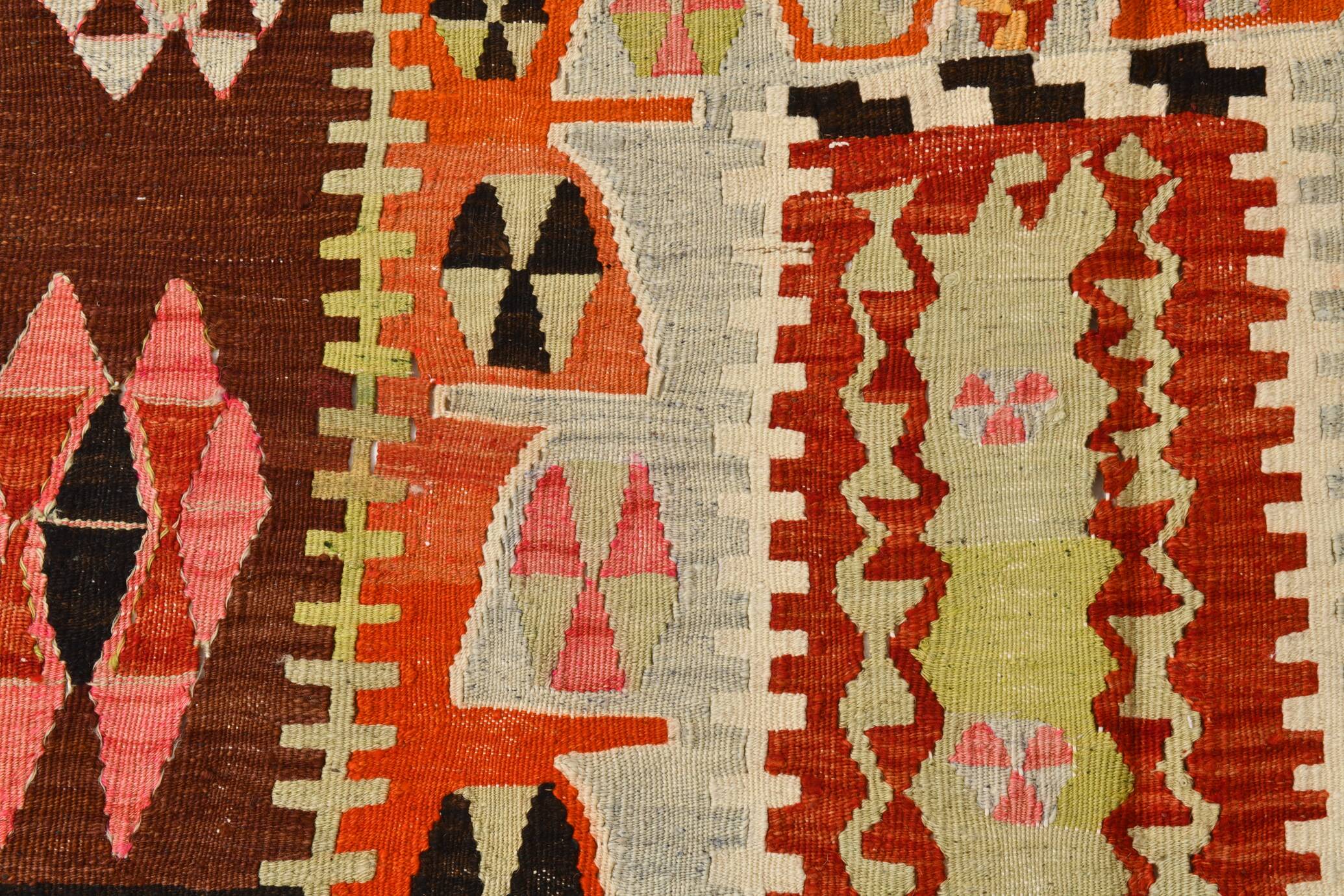 4x8 Multicolor Geometric Style Kilim Rug, 129x255 Antique Decor