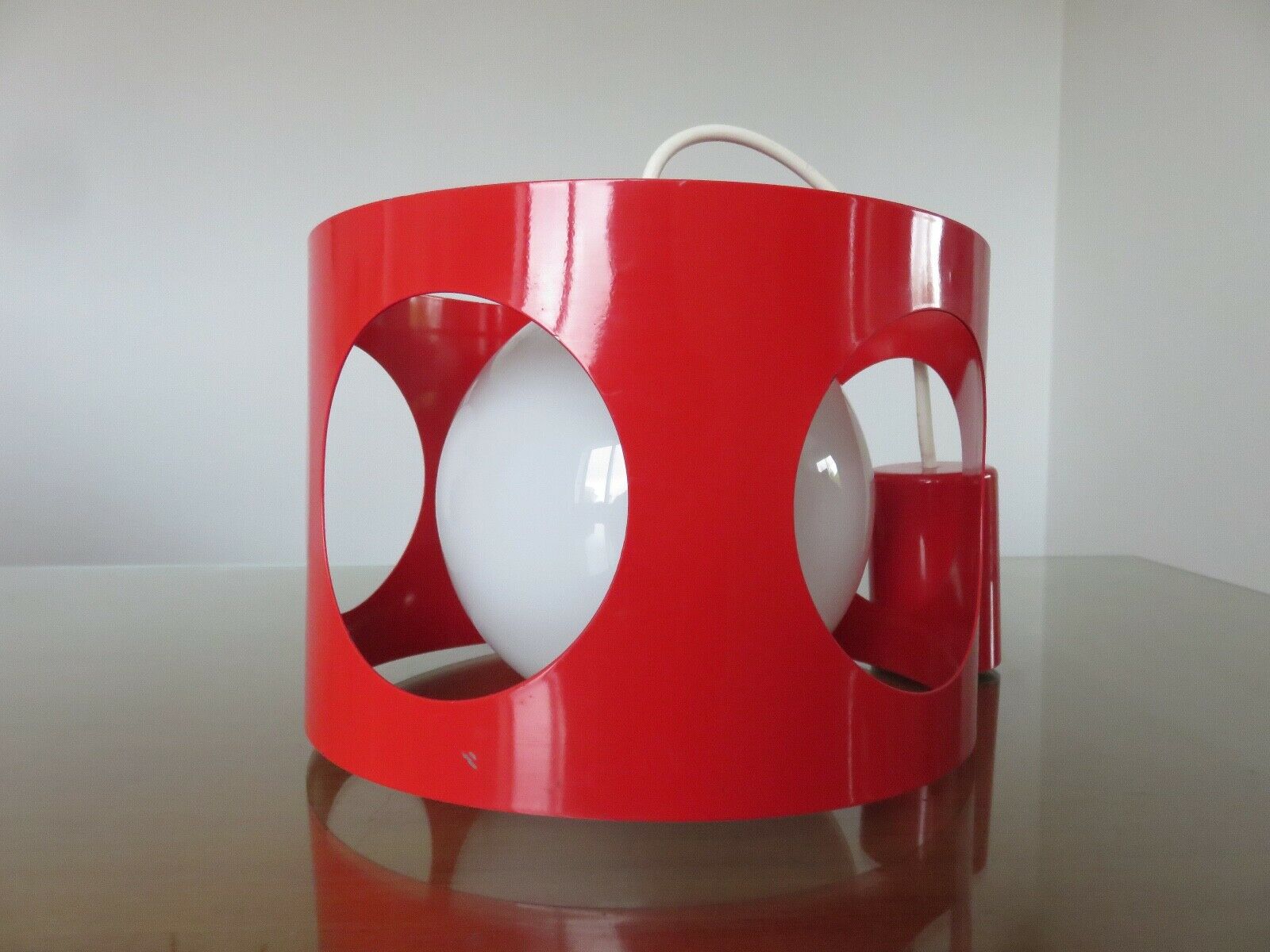 Suspension in red lacquered metal and white opaline ball 60s 70s