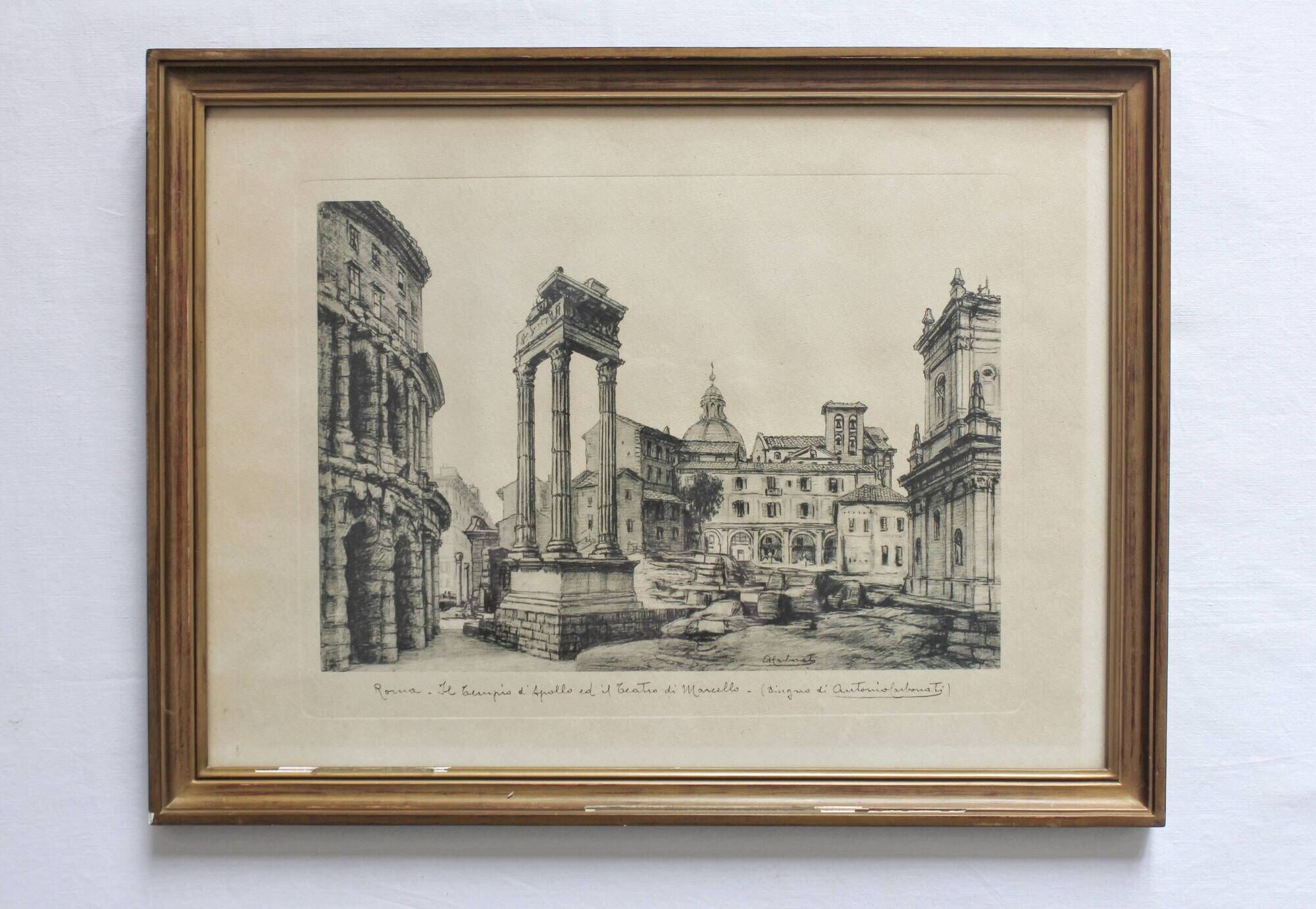 Framed lithograph reproduction drawing ruins of Rome by Antonio Carbonati vintage