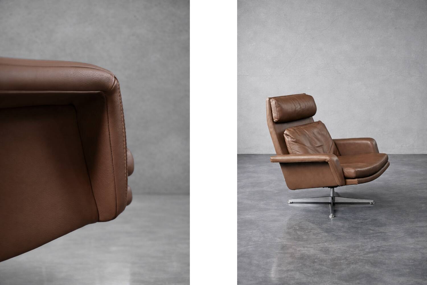 Vintage Mid-Century Danish Modern Brown Leather Swivel Chair and Ottoman