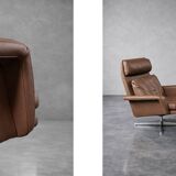 Vintage Mid-Century Danish Modern Brown Leather Swivel Chair and Ottoman