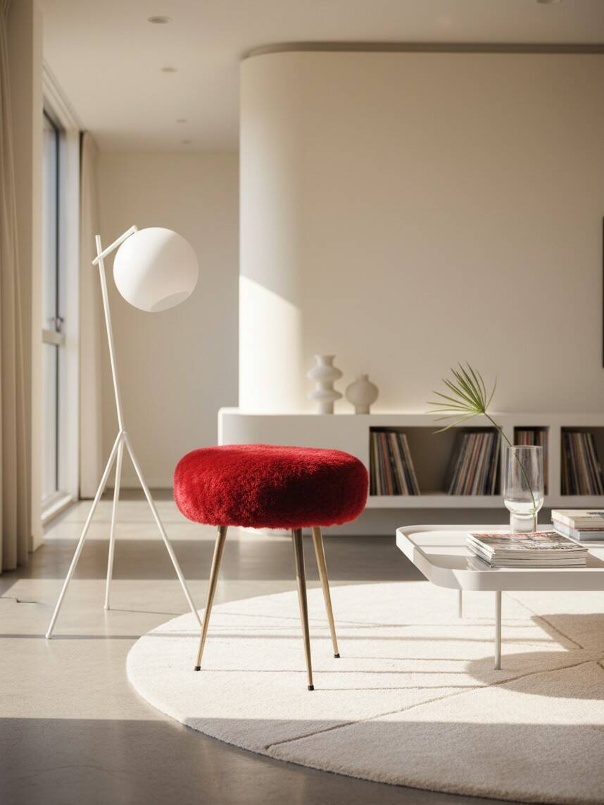 Tabouret tripode vintage "Moumoute" rouge – Pelfran – Années 60