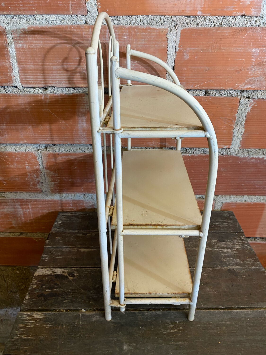Vintage White Broken Metal Folding Shelf Unit 3 Tiers