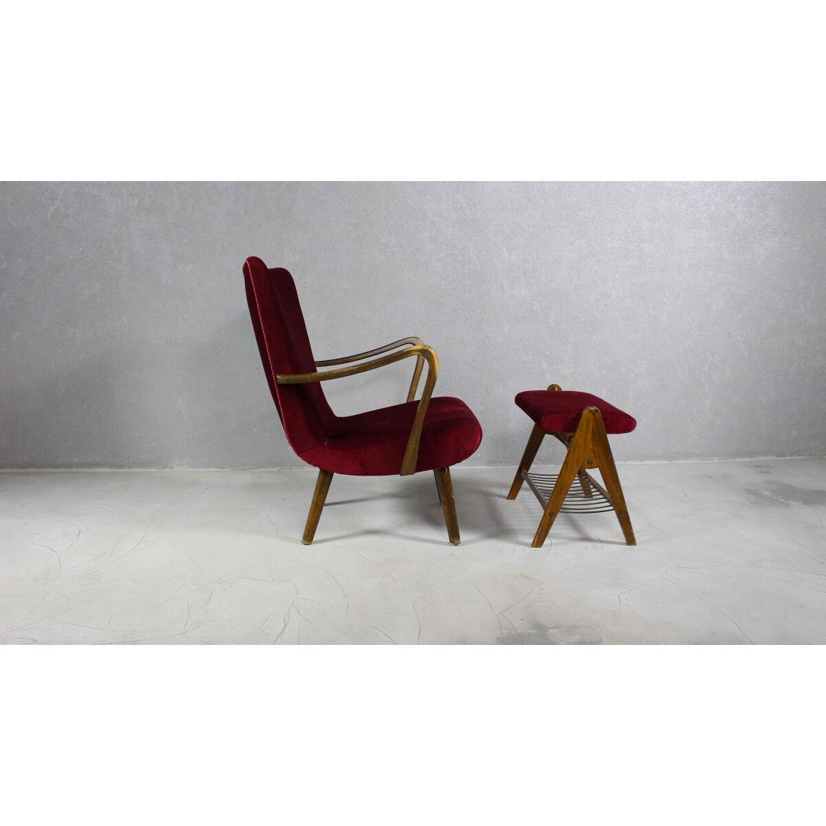 Velvet armchair with footstool, Denmark 1950s