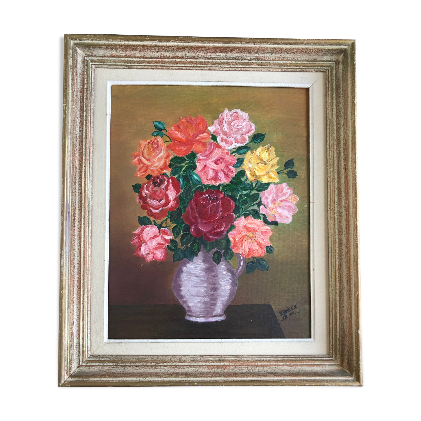 Oil on canvas: still life with bouquet of roses