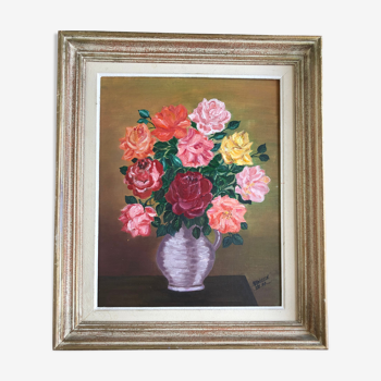 Huile sur toile : nature morte au bouquet de roses