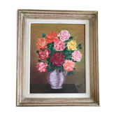 Huile sur toile : nature morte au bouquet de roses