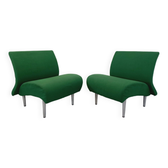 Paire de fauteuils chauffeuses Airborne vintage en tissu vert et métal des années 80