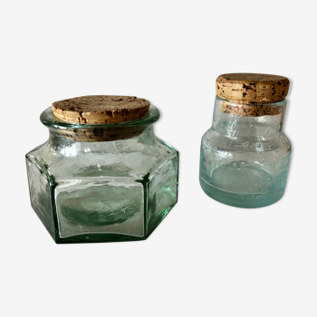 2 anciens bocaux en verre bullé avec bouchon de liège
