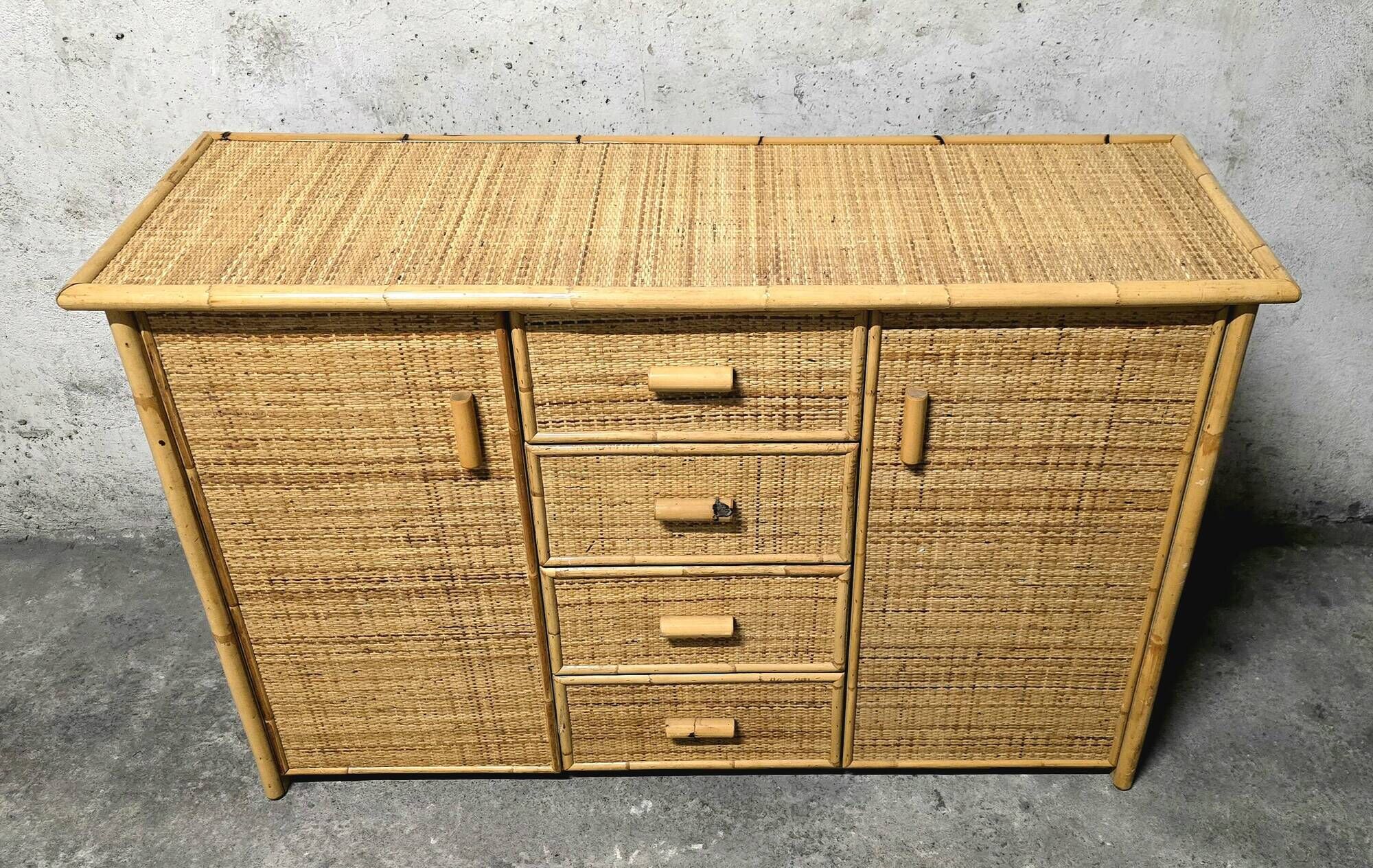 Vintage woven rattan and natural bamboo sideboard - Italy 1970s