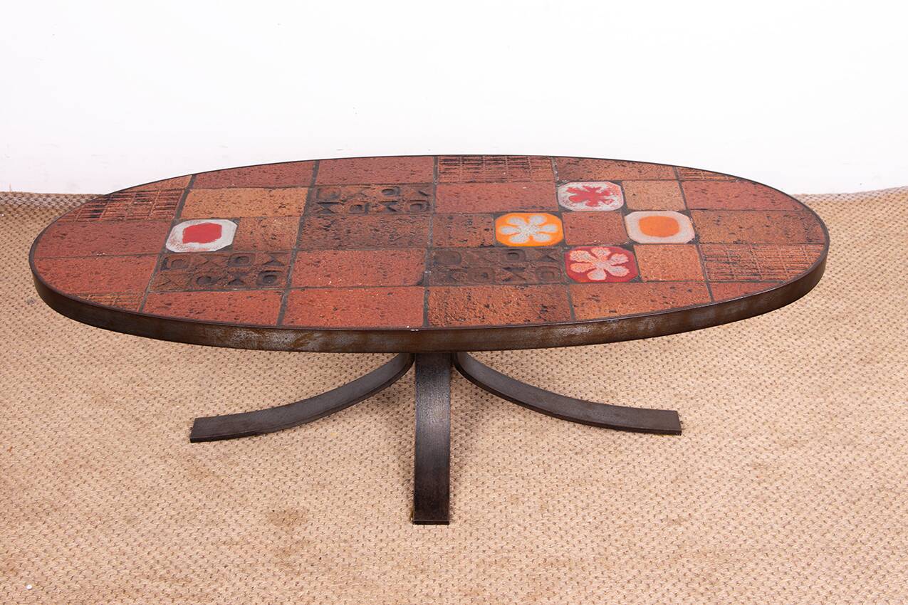 Lava stone, ceramic and steel coffee table by Jean Jaffeux 1960.