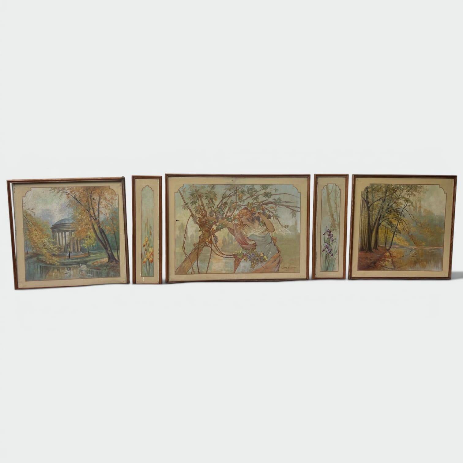 Set of Five Art Nouveau Decorative Panels. Allegory. French Work.