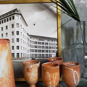 Four potter's mugs turned in vintage light stoneware