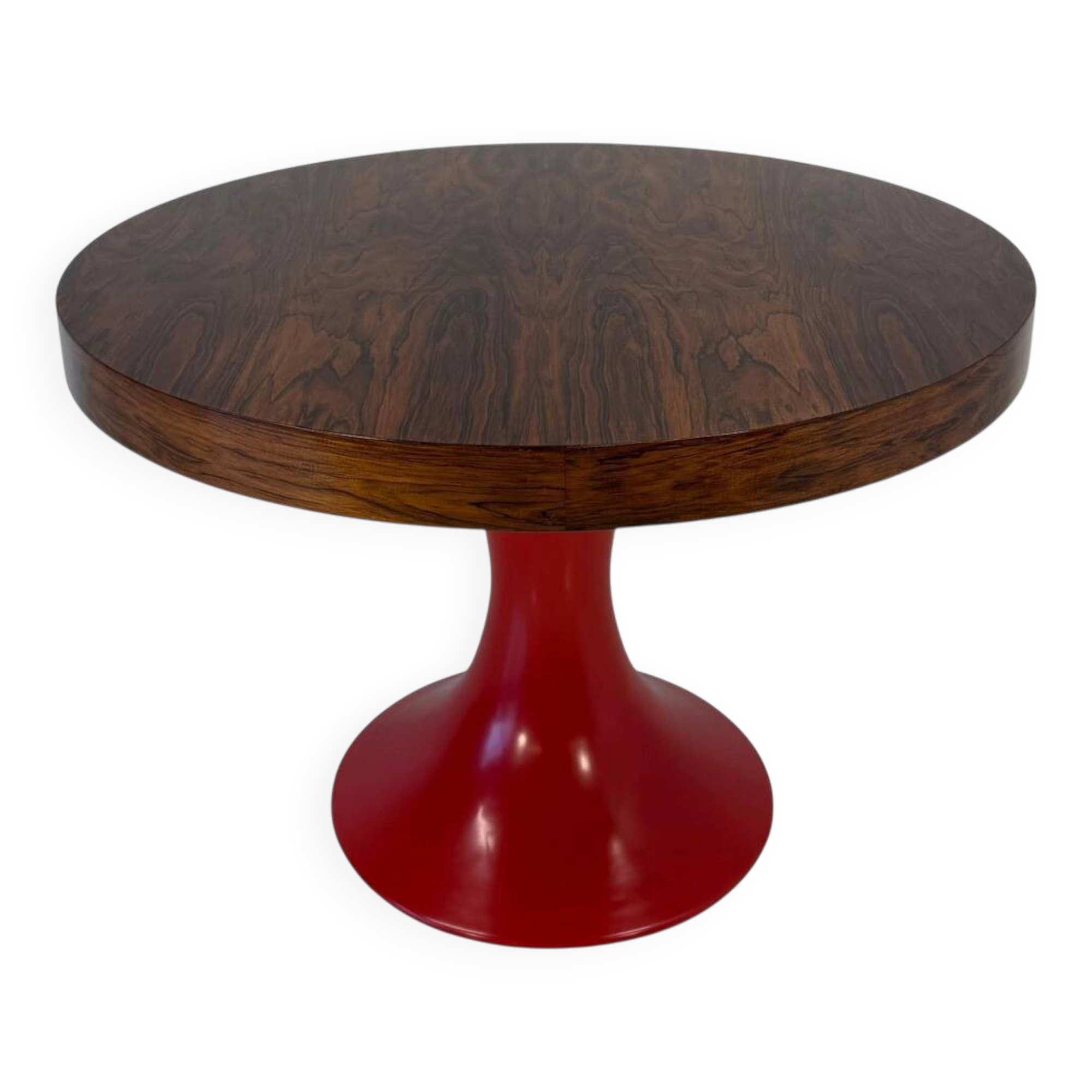 Italian Art Deco Round Table in Ziricote Wood with Red Lacquered Base, 1950