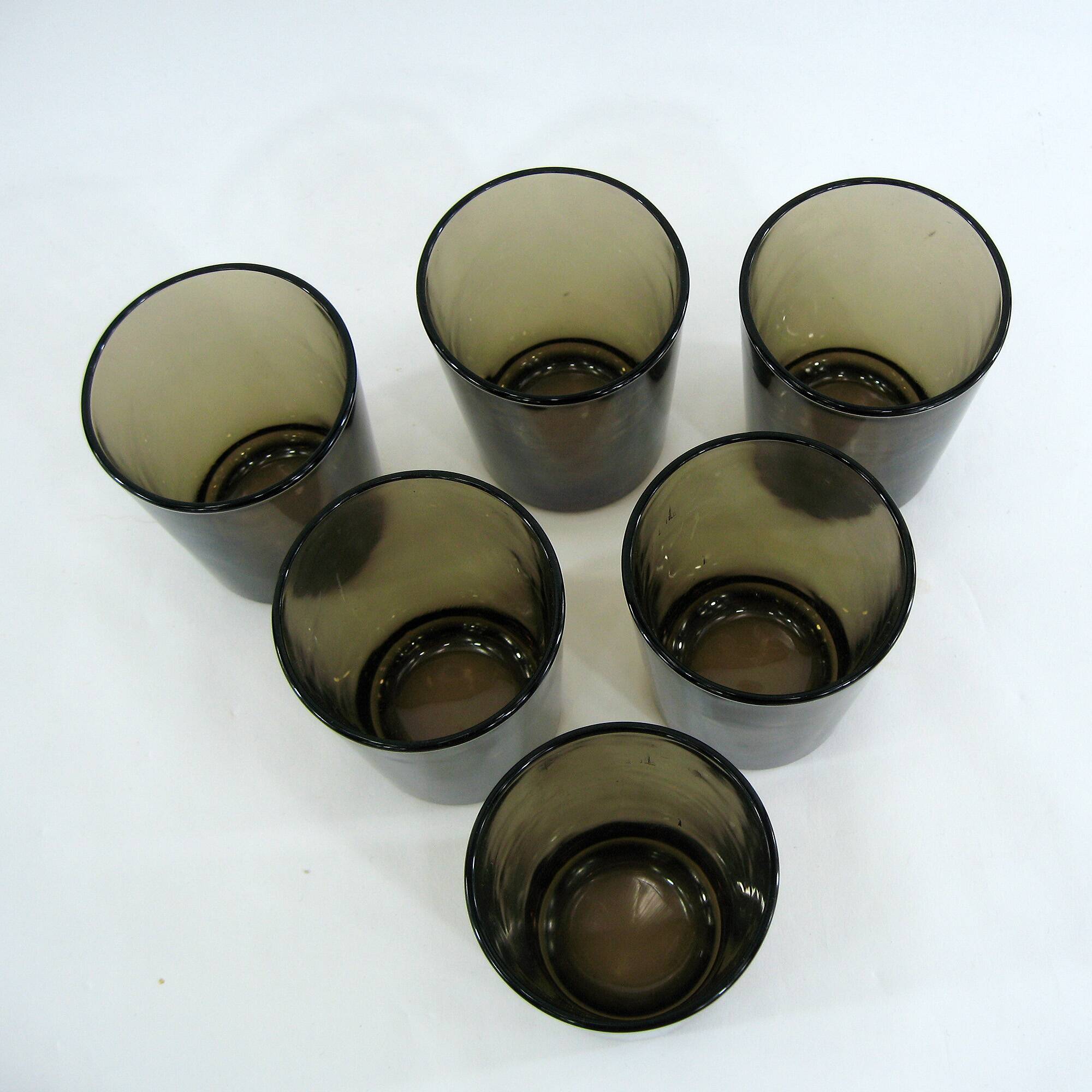 6 smoked brown tempered glass cups - Vereco France - vintage 70s