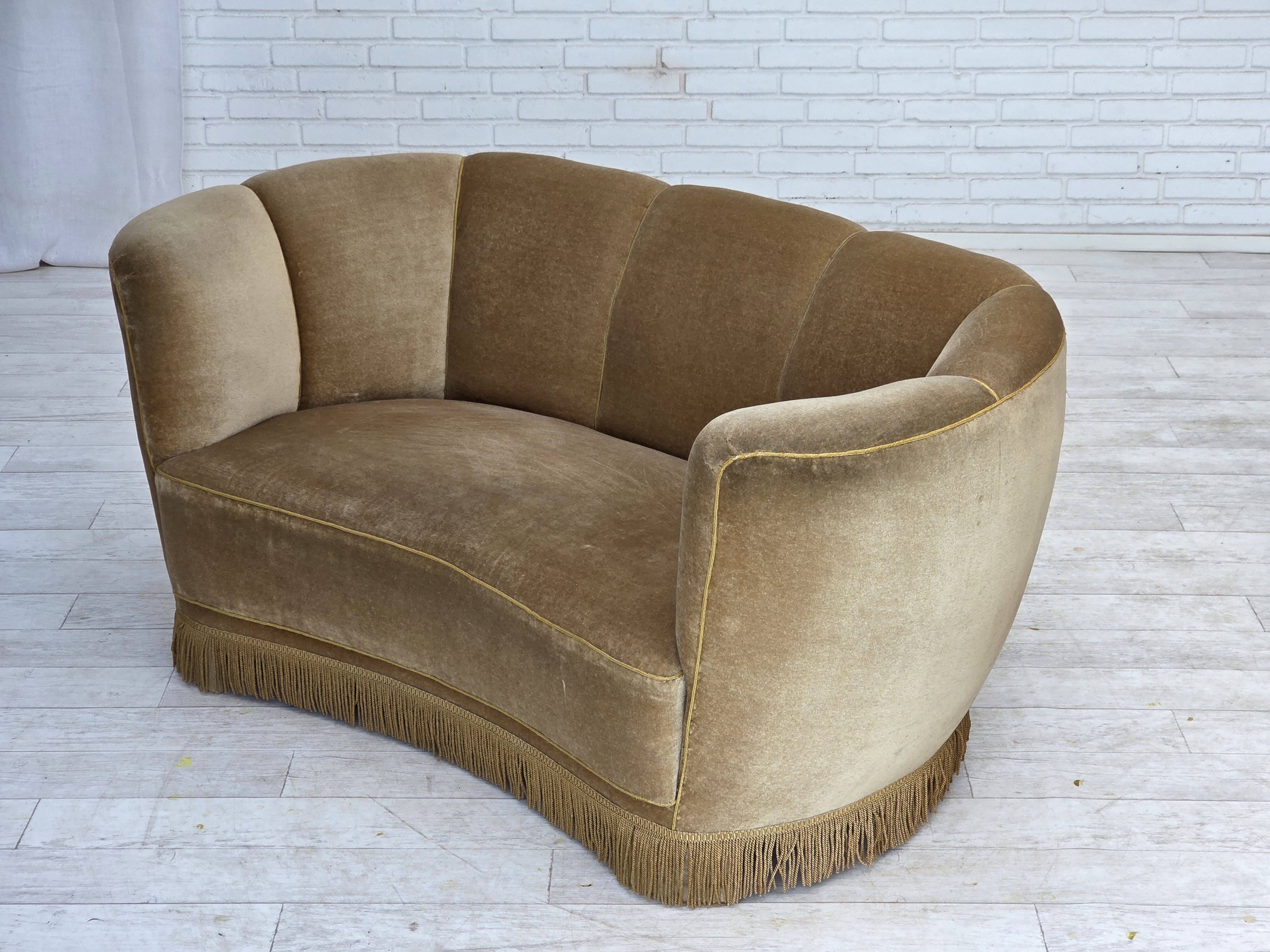 1960s, Danish "Banana" 2-seater sofa, green furniture velour, oak wood.