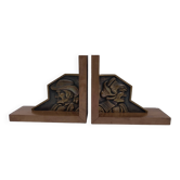 Pair of Breton couple bookends in bronze and wood.