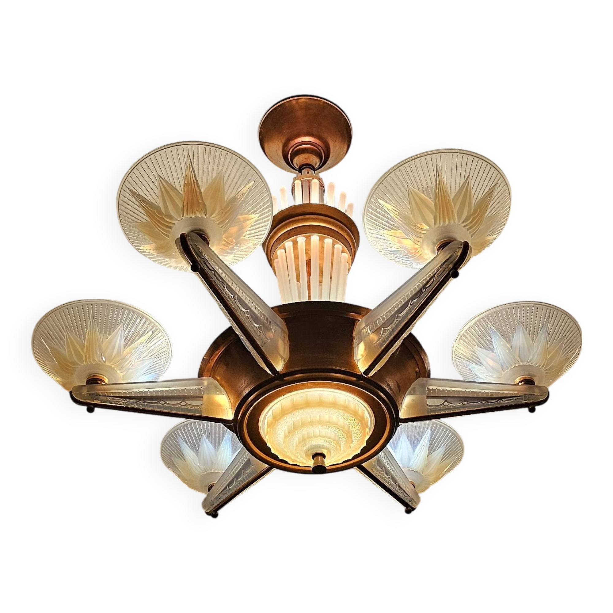 Art Deco chandelier by H.Petitot and Jean Gauthier in copper-plated metal and opal glass