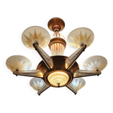 Art Deco chandelier by H.Petitot and Jean Gauthier in copper-plated metal and opal glass