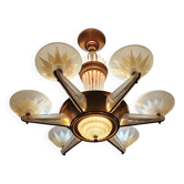 Lustre Art Déco H.Petitot Et Jean Gauthier en métal cuivré et verre opalesc