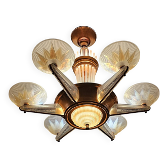 Lustre Art Déco H.Petitot Et Jean Gauthier en métal cuivré et verre opalesc