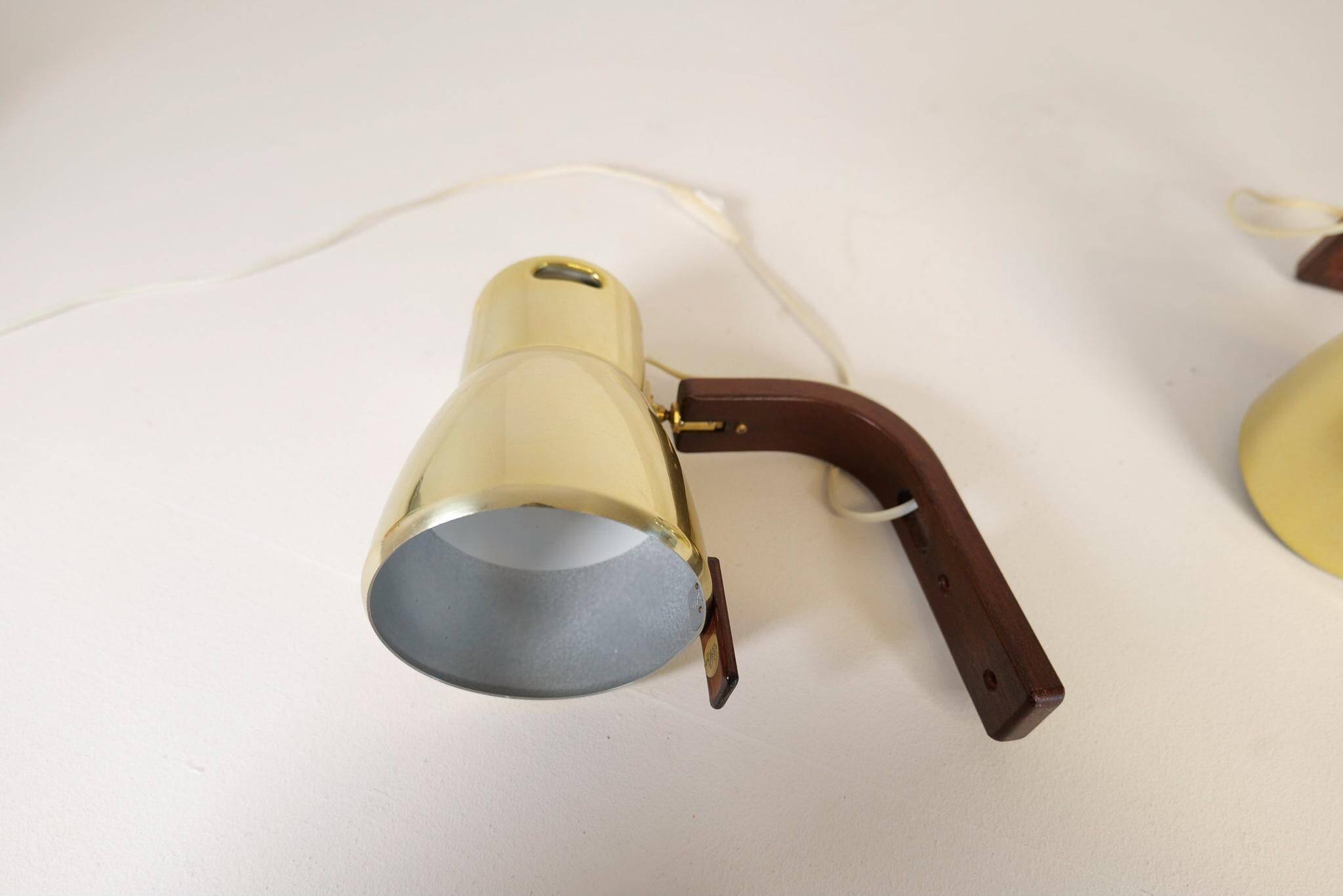 Hans-Agne Jakobsson Wall Lamps in Brass and Stained Wood, Sweden, 1970s