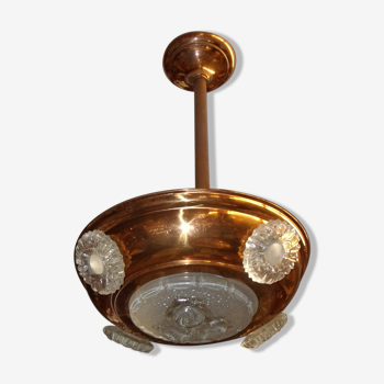 Small art deco chandelier in copper and glass